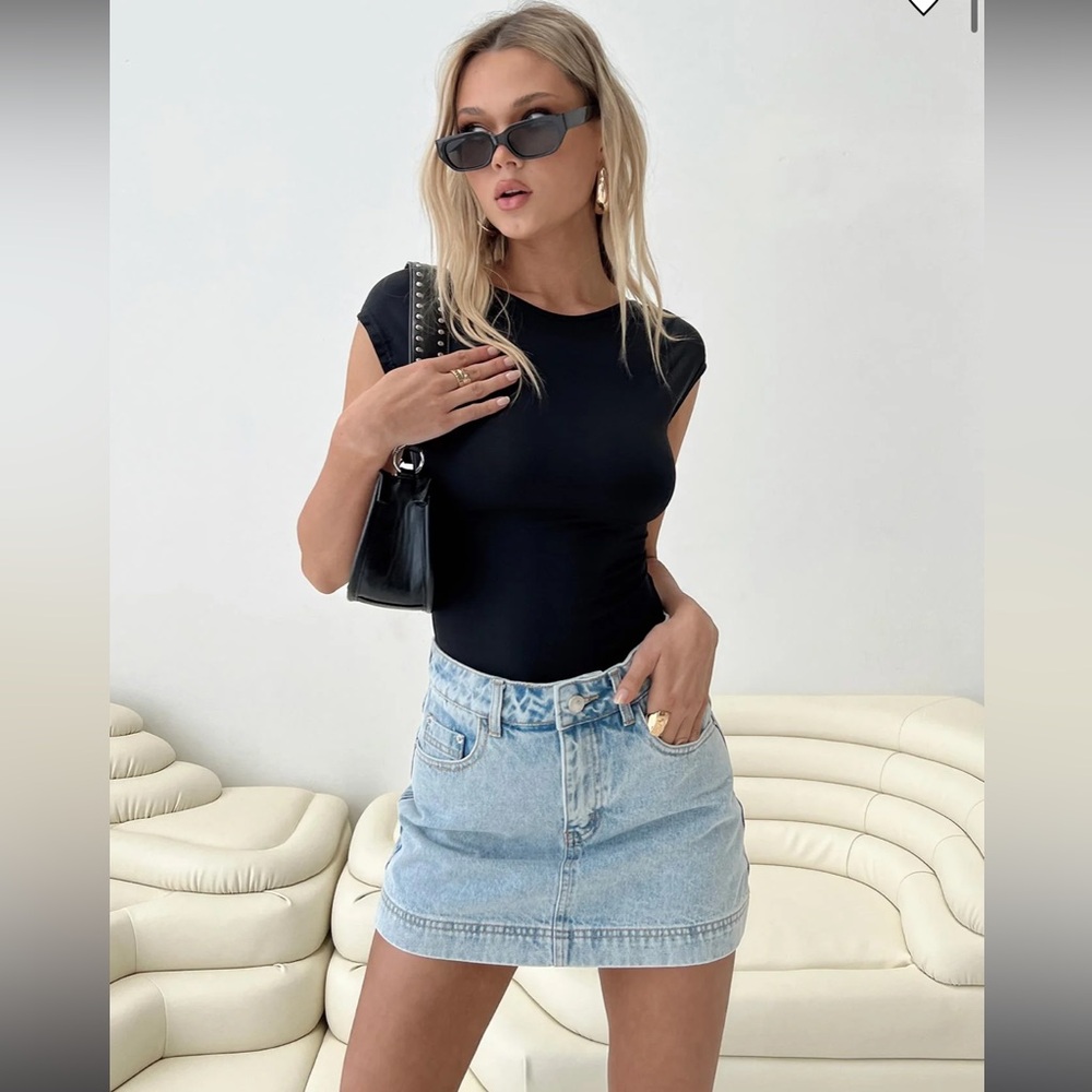 Princess Polly Black Top with Light Blue Denim Skort